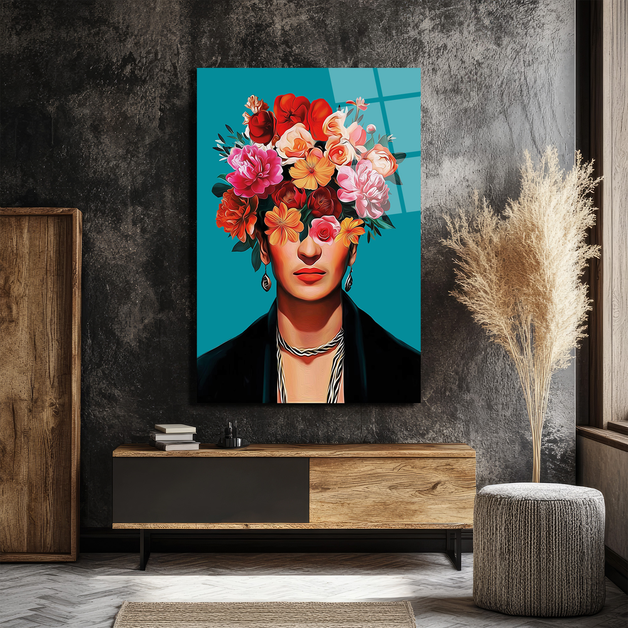 Canlı Çiçeklerle Frida Esintili Modern Portre Cam Tablo - Glazella Canlı Çiçeklerle Frida Esintili Modern Portre Cam Tablo - Glazella