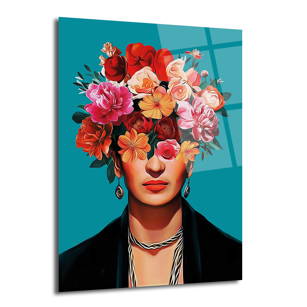 Canlı Çiçeklerle Frida Esintili Modern Portre Cam Tablo - Glazella Canlı Çiçeklerle Frida Esintili Modern Portre Cam Tablo - Glazella