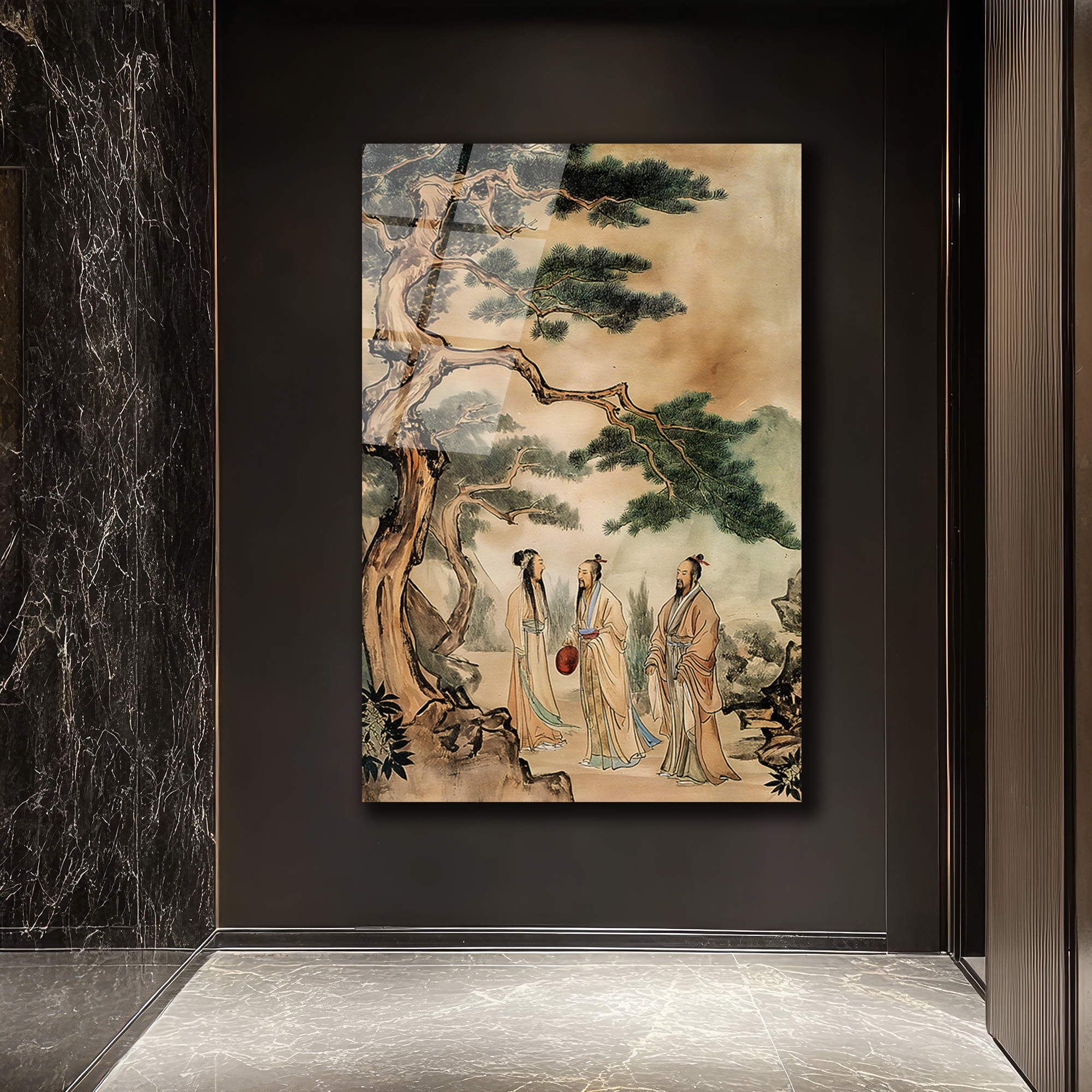 Uzak Doğu Bilgeleri Çam Ağacı Altında Sanat Cam Tablo - Glazella Uzak Doğu Bilgeleri Çam Ağacı Altında Sanat Cam Tablo - Glazella