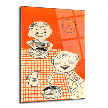 Nostaljik Anlar: Retro Çocuklar Yemekte Cam Tablo - Glazella