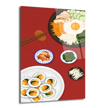 Kore Mutfağı Ziyafeti Cam Tablo | Bibimbap ve Kimbap Duvar Sanatı - Glazella