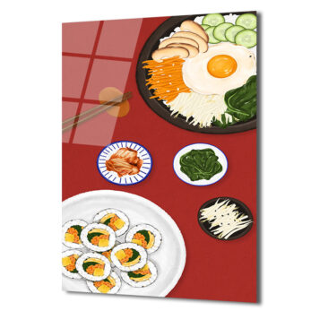 Kore Mutfağı Ziyafeti Cam Tablo | Bibimbap ve Kimbap Duvar Sanatı - Glazella