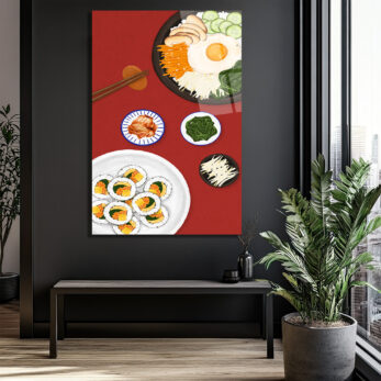 Kore Mutfağı Ziyafeti Cam Tablo | Bibimbap ve Kimbap Duvar Sanatı - Glazella