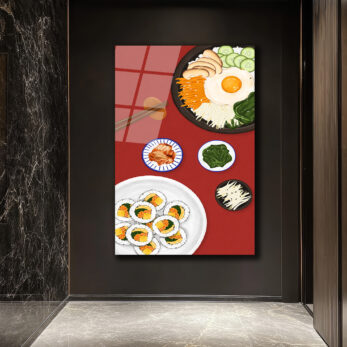 Kore Mutfağı Ziyafeti Cam Tablo | Bibimbap ve Kimbap Duvar Sanatı - Glazella
