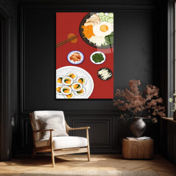 Kore Mutfağı Ziyafeti Cam Tablo | Bibimbap ve Kimbap Duvar Sanatı - Glazella