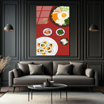 Kore Mutfağı Ziyafeti Cam Tablo | Bibimbap ve Kimbap Duvar Sanatı - Glazella
