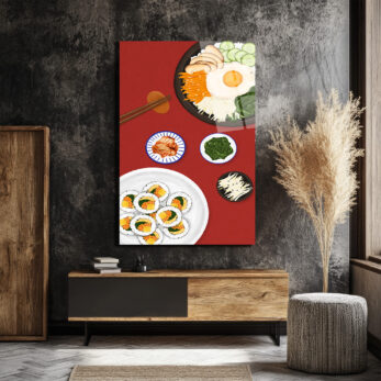 Kore Mutfağı Ziyafeti Cam Tablo | Bibimbap ve Kimbap Duvar Sanatı - Glazella