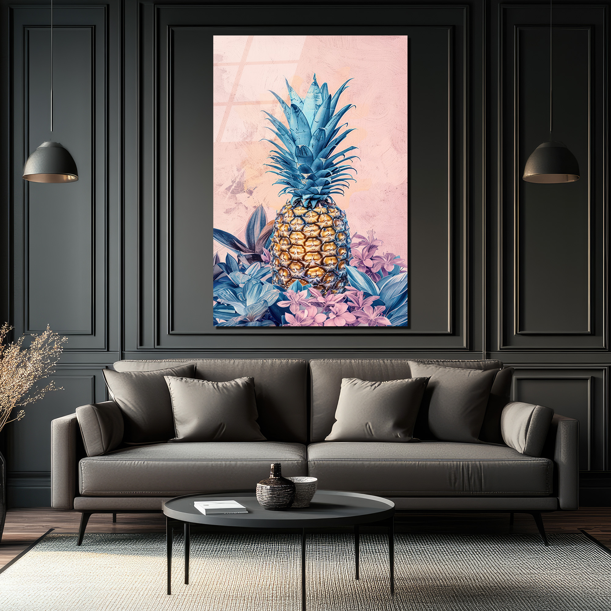 Egzotik Mavi Ananas Botanik Desenli Modern Cam Tablo - Glazella Egzotik Mavi Ananas Botanik Desenli Modern Cam Tablo - Glazella