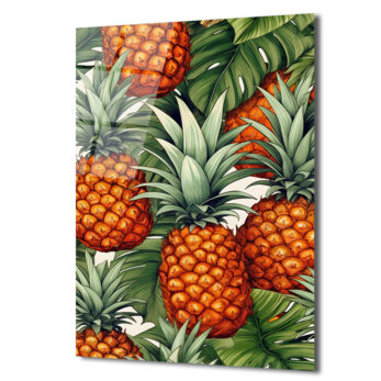 Egzotik Ananas ve Tropikal Yapraklar Cam Tablo - Canlı Duvar Sanatı - Glazella