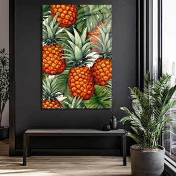 Egzotik Ananas ve Tropikal Yapraklar Cam Tablo - Canlı Duvar Sanatı - Glazella