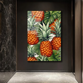 Egzotik Ananas ve Tropikal Yapraklar Cam Tablo - Canlı Duvar Sanatı - Glazella