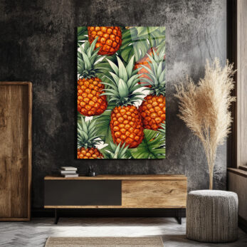Egzotik Ananas ve Tropikal Yapraklar Cam Tablo - Canlı Duvar Sanatı - Glazella