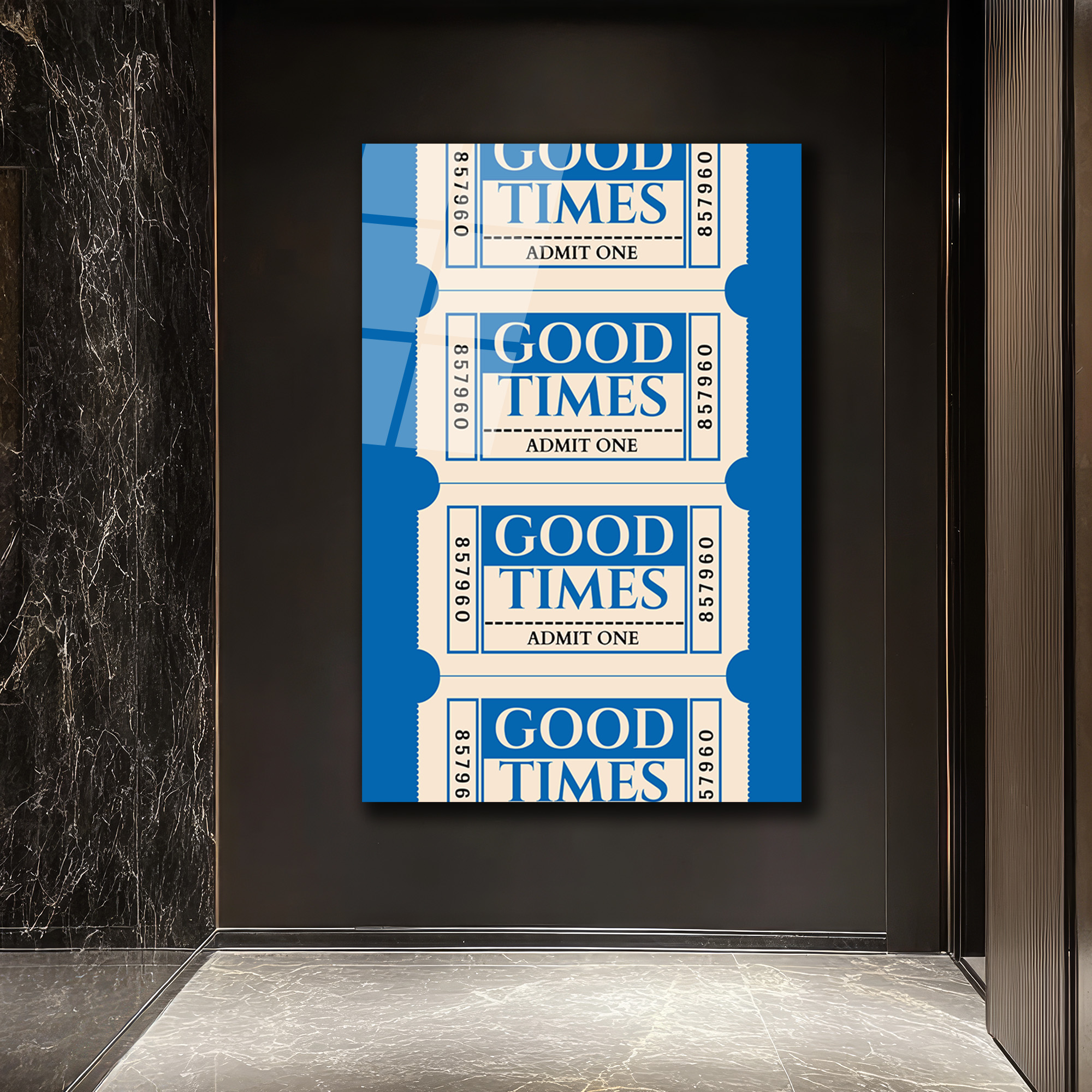 Good Times Biletleri Temalı Mavi Cam Tablo - Nostaljik Duvar Sanatı - Glazella Good Times Biletleri Temalı Mavi Cam Tablo - Nostaljik Duvar Sanatı - Glazella