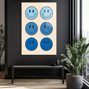 Neşeli Mavi Smiley Yüzler Modern Cam Tablo - Glazella