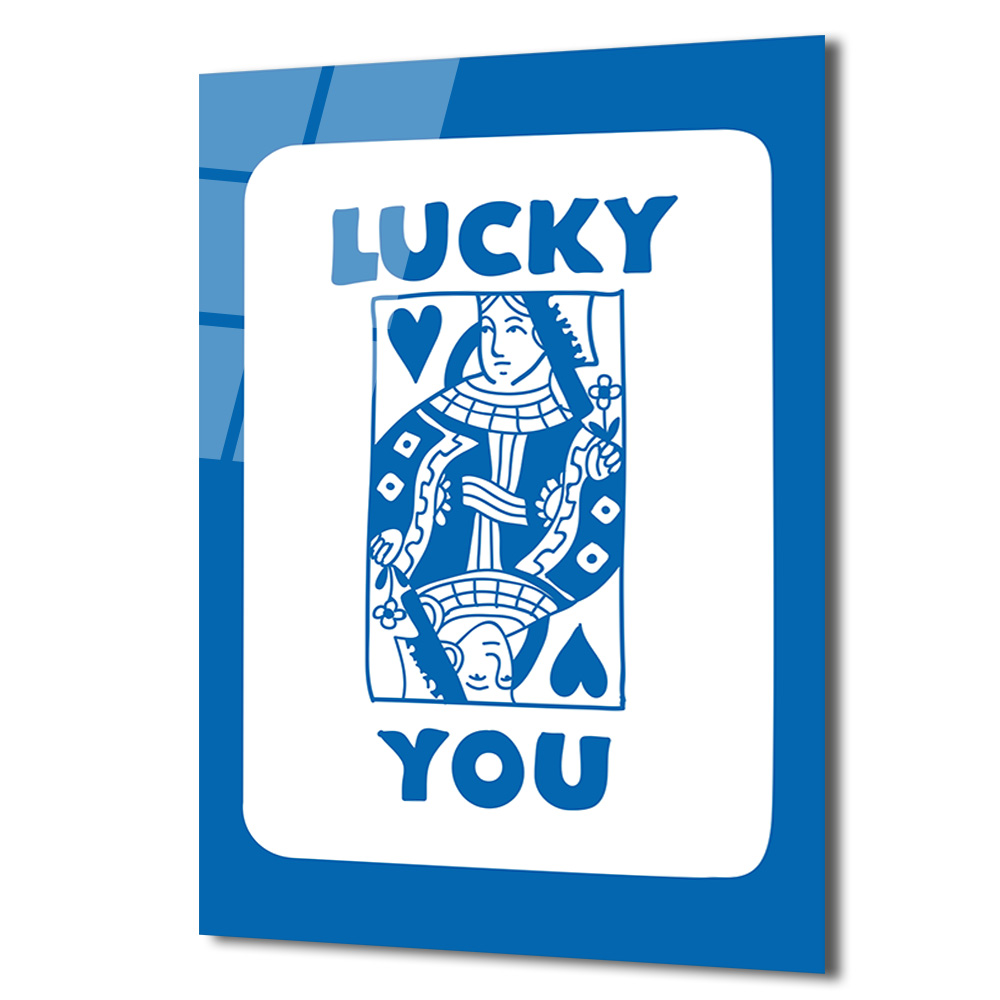 Lucky You Kraliçe İskambil Kartı Mavi Beyaz Cam Tablo - Glazella Lucky You Kraliçe İskambil Kartı Mavi Beyaz Cam Tablo - Glazella
