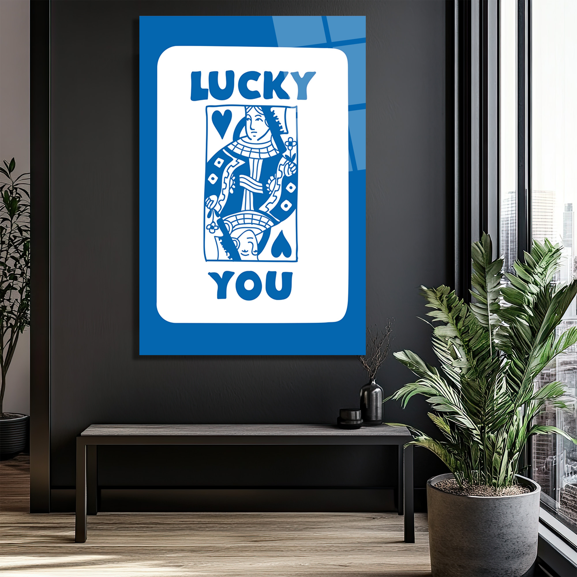 Lucky You Kraliçe İskambil Kartı Mavi Beyaz Cam Tablo - Glazella Lucky You Kraliçe İskambil Kartı Mavi Beyaz Cam Tablo - Glazella