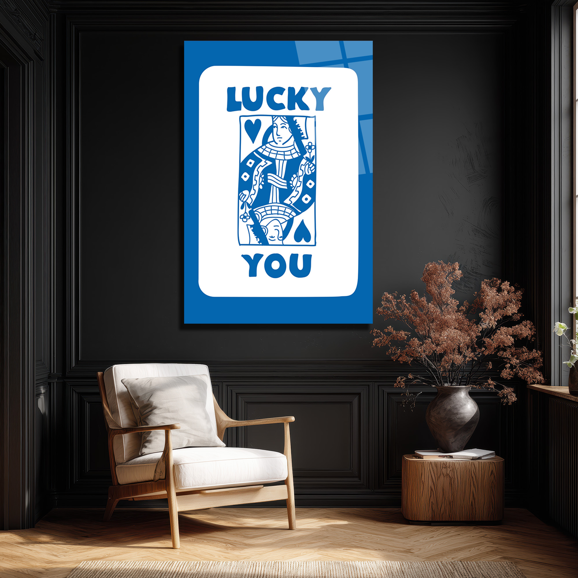 Lucky You Kraliçe İskambil Kartı Mavi Beyaz Cam Tablo - Glazella Lucky You Kraliçe İskambil Kartı Mavi Beyaz Cam Tablo - Glazella