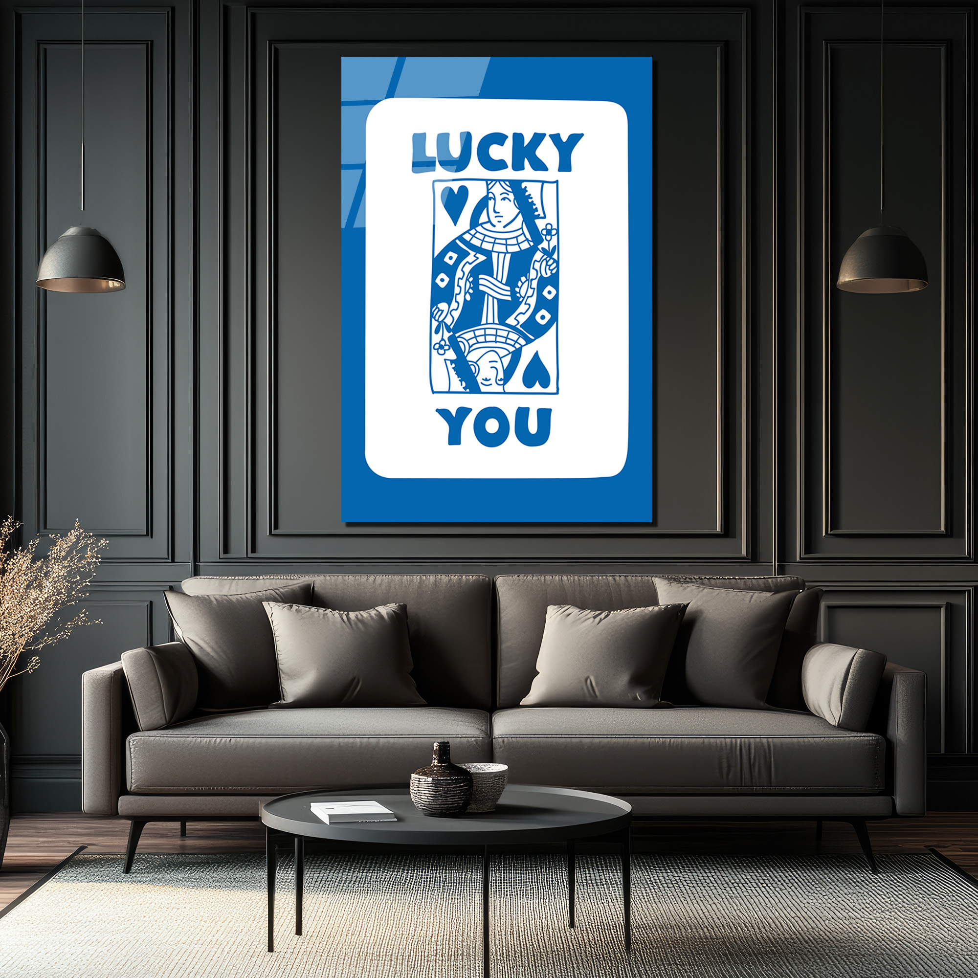 Lucky You Kraliçe İskambil Kartı Mavi Beyaz Cam Tablo - Glazella Lucky You Kraliçe İskambil Kartı Mavi Beyaz Cam Tablo - Glazella