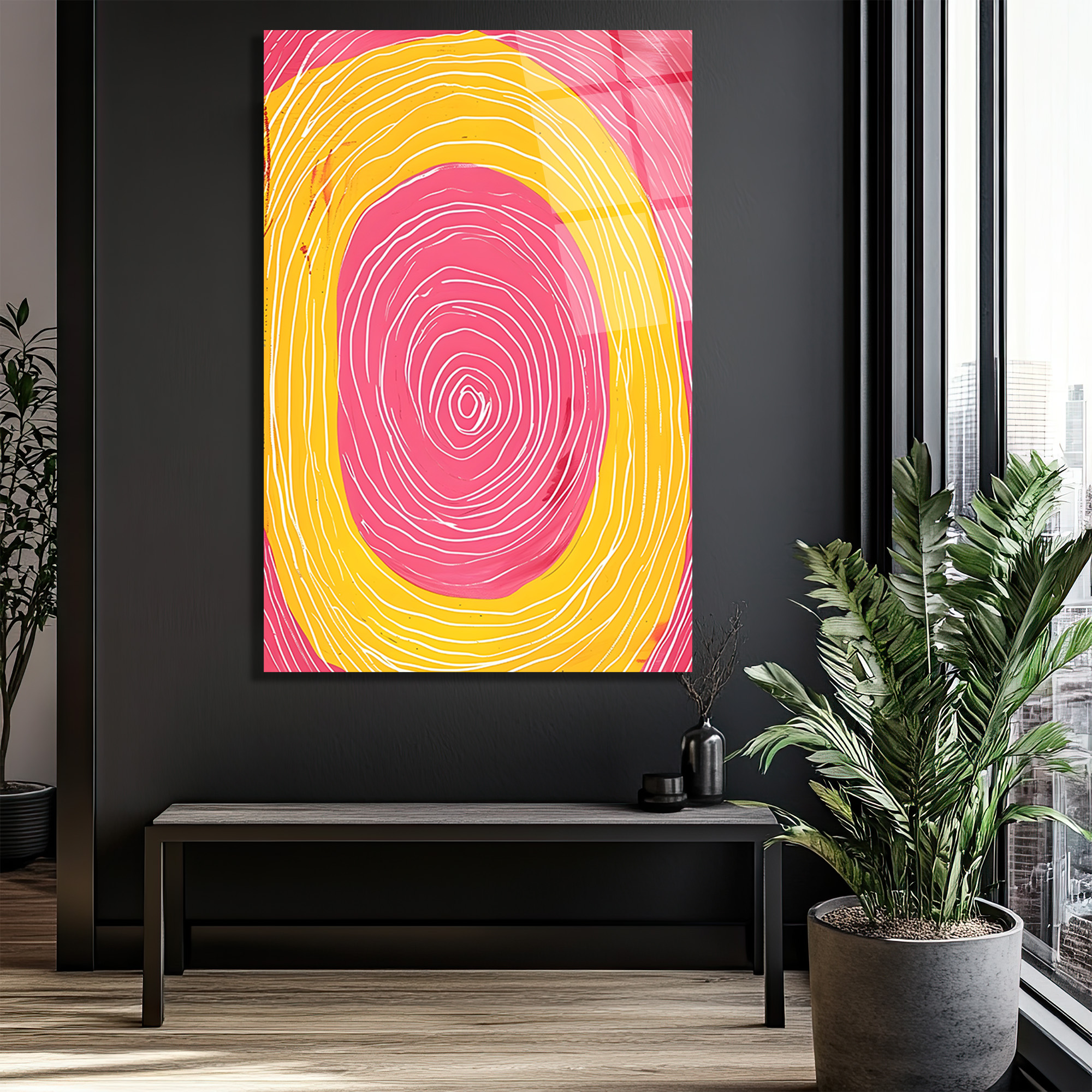 Canlı Pembe Sarı Çizgili Soyut Cam Tablo - Glazella Canlı Pembe Sarı Çizgili Soyut Cam Tablo - Glazella