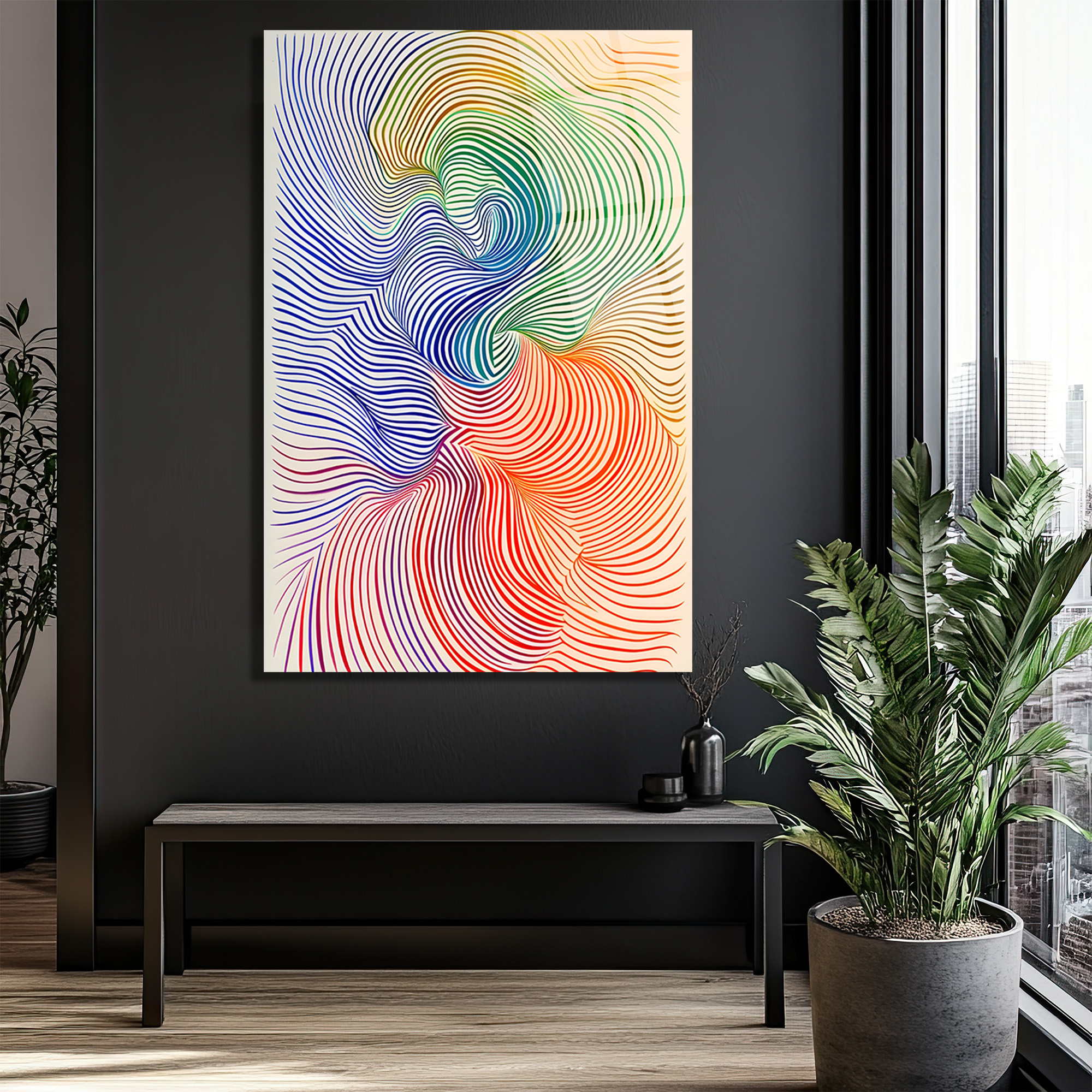 Op Art Akışkanlık: Çok Renkli Dalgalar Cam Tablo - Glazella Op Art Akışkanlık: Çok Renkli Dalgalar Cam Tablo - Glazella