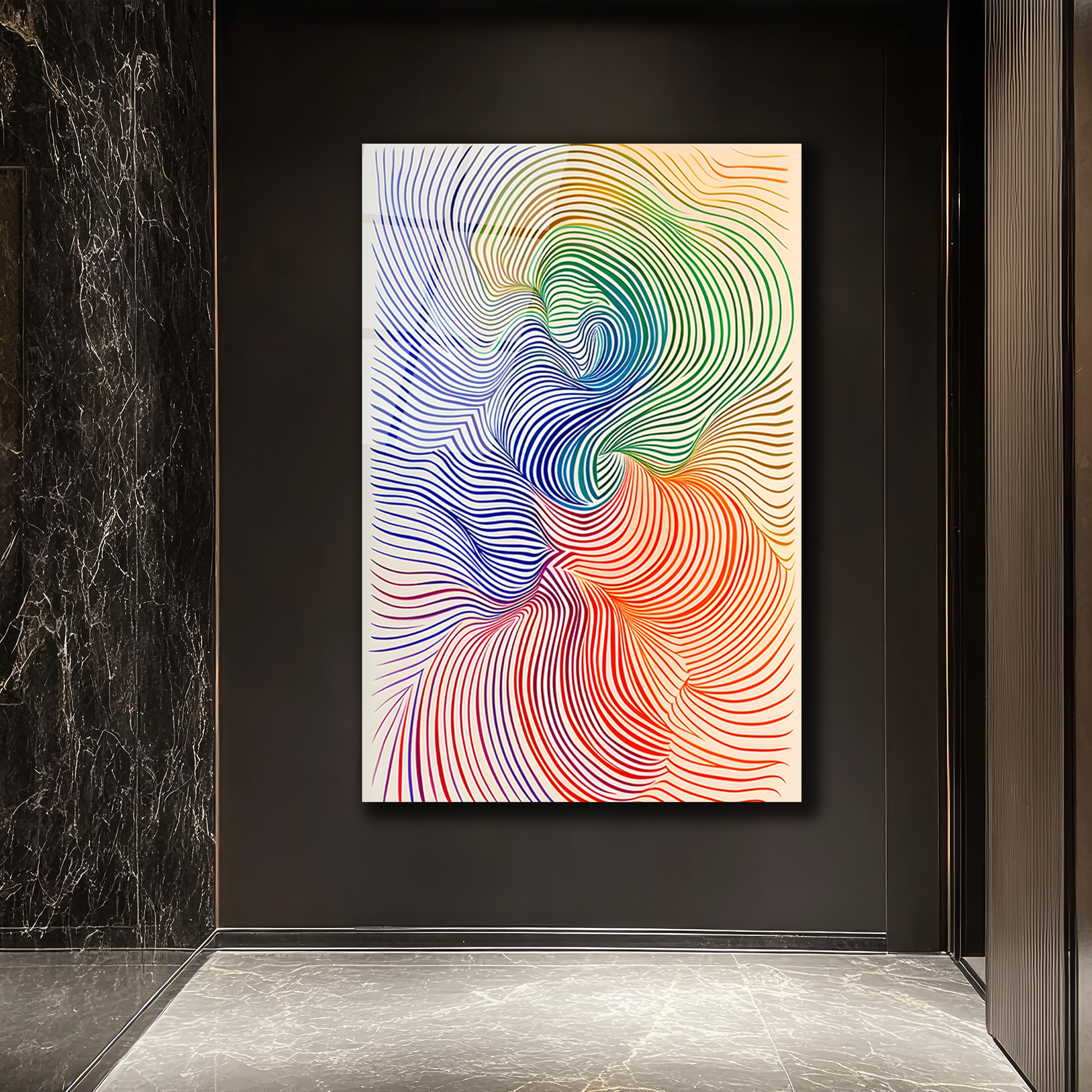 Op Art Akışkanlık: Çok Renkli Dalgalar Cam Tablo - Glazella Op Art Akışkanlık: Çok Renkli Dalgalar Cam Tablo - Glazella