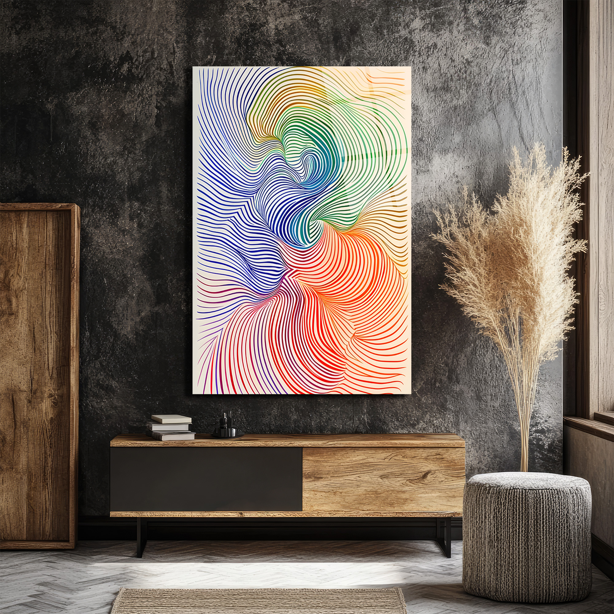 Op Art Akışkanlık: Çok Renkli Dalgalar Cam Tablo - Glazella Op Art Akışkanlık: Çok Renkli Dalgalar Cam Tablo - Glazella