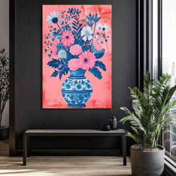Canlı Çiçekler Vazoda Cam Tablo - Pembe ve Mavi Botanik Sanat - Glazella