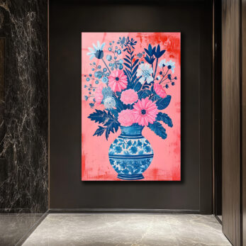 Canlı Çiçekler Vazoda Cam Tablo - Pembe ve Mavi Botanik Sanat - Glazella