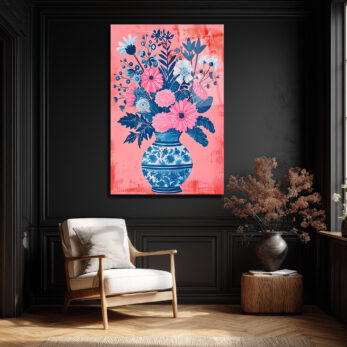 Canlı Çiçekler Vazoda Cam Tablo - Pembe ve Mavi Botanik Sanat - Glazella