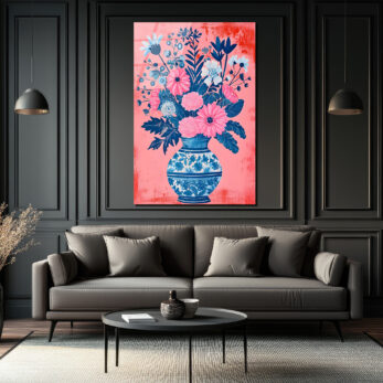 Canlı Çiçekler Vazoda Cam Tablo - Pembe ve Mavi Botanik Sanat - Glazella