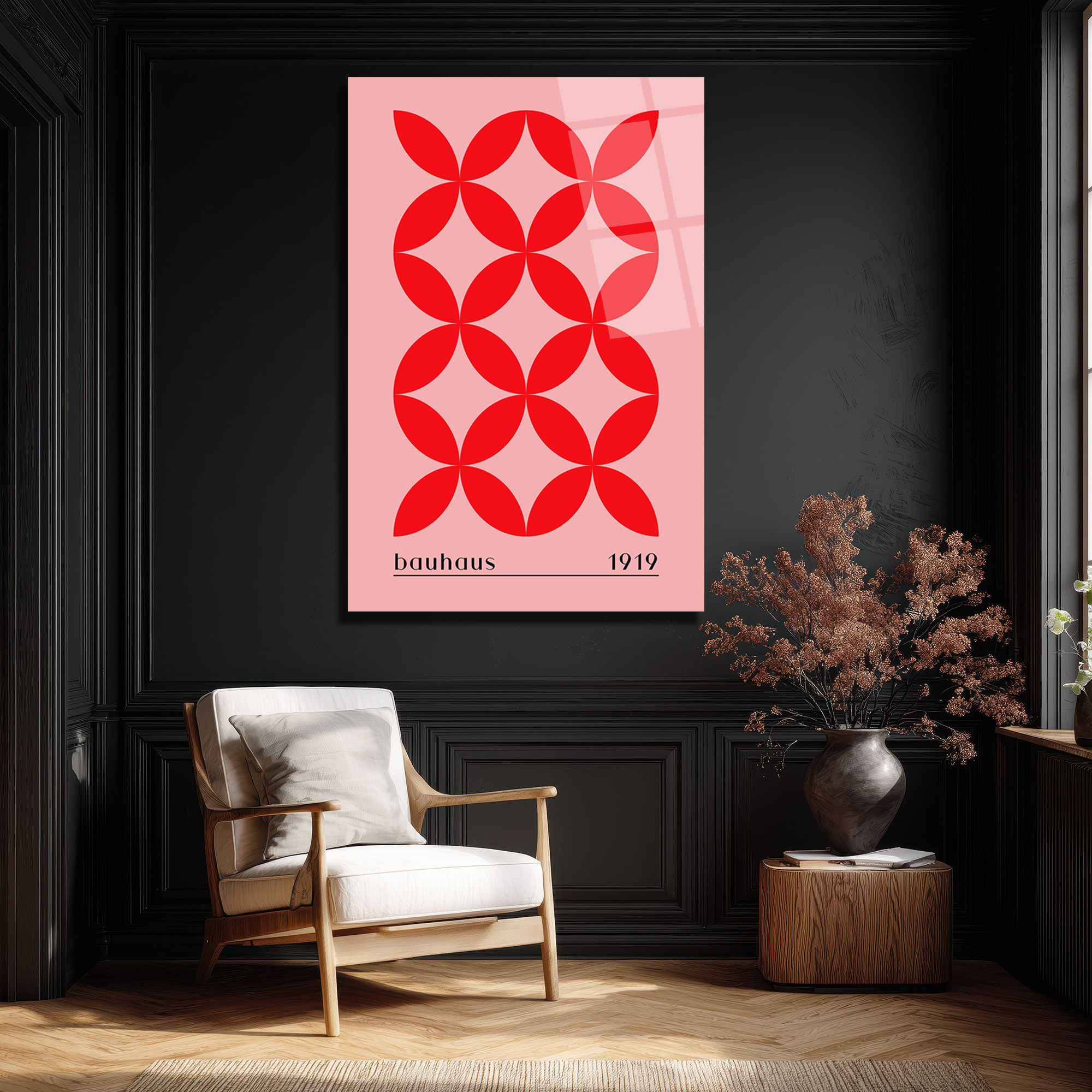 Bauhaus 1919 Kırmızı Geometrik Pembe Cam Tablo - Glazella Bauhaus 1919 Kırmızı Geometrik Pembe Cam Tablo - Glazella
