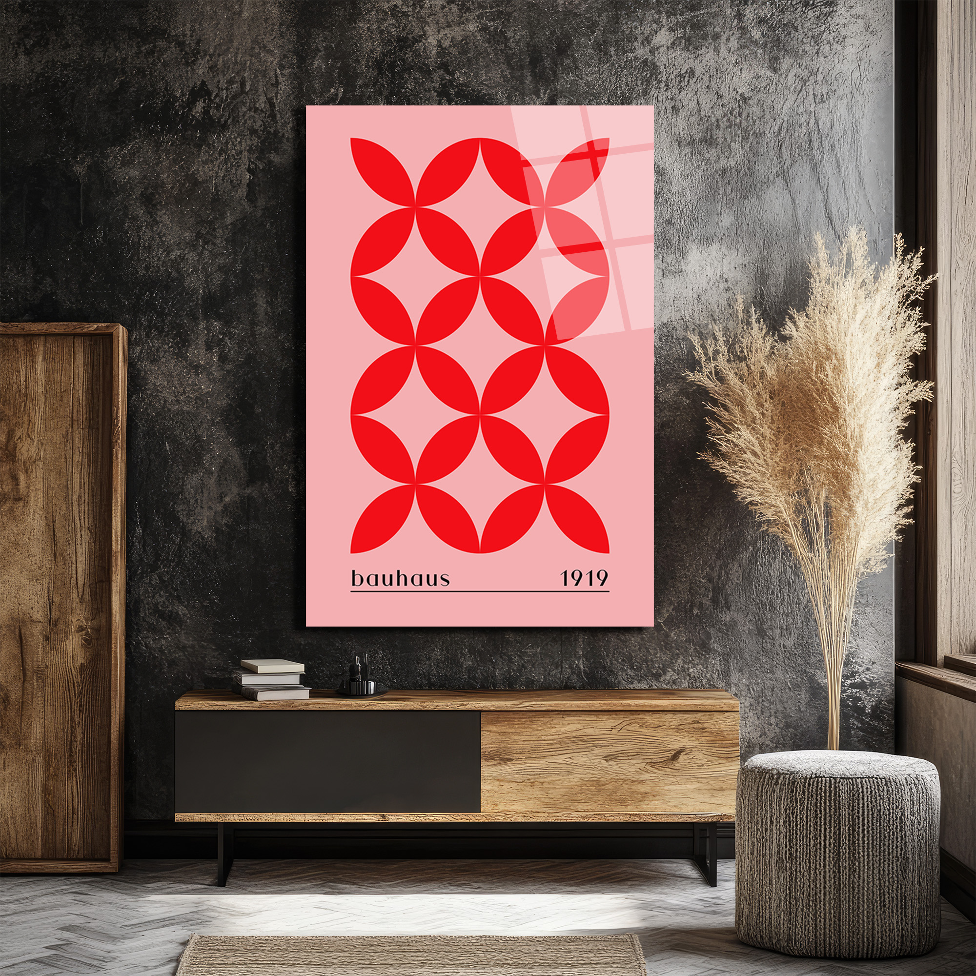 Bauhaus 1919 Kırmızı Geometrik Pembe Cam Tablo - Glazella Bauhaus 1919 Kırmızı Geometrik Pembe Cam Tablo - Glazella