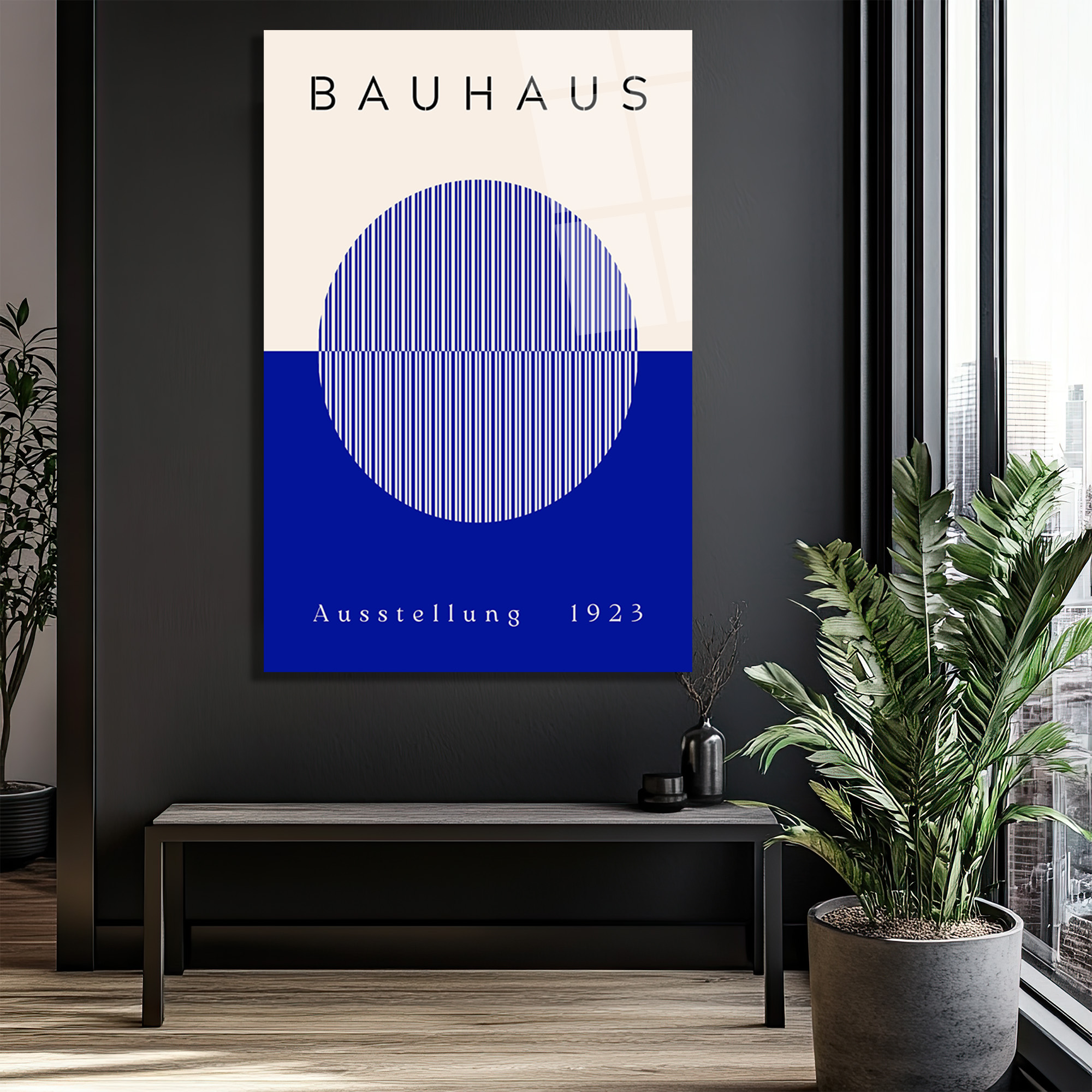 Bauhaus Sanatının Zamansız Yansıması: Modern Mavi Çizgili Cam Tablo - Glazella Bauhaus Sanatının Zamansız Yansıması: Modern Mavi Çizgili Cam Tablo - Glazella