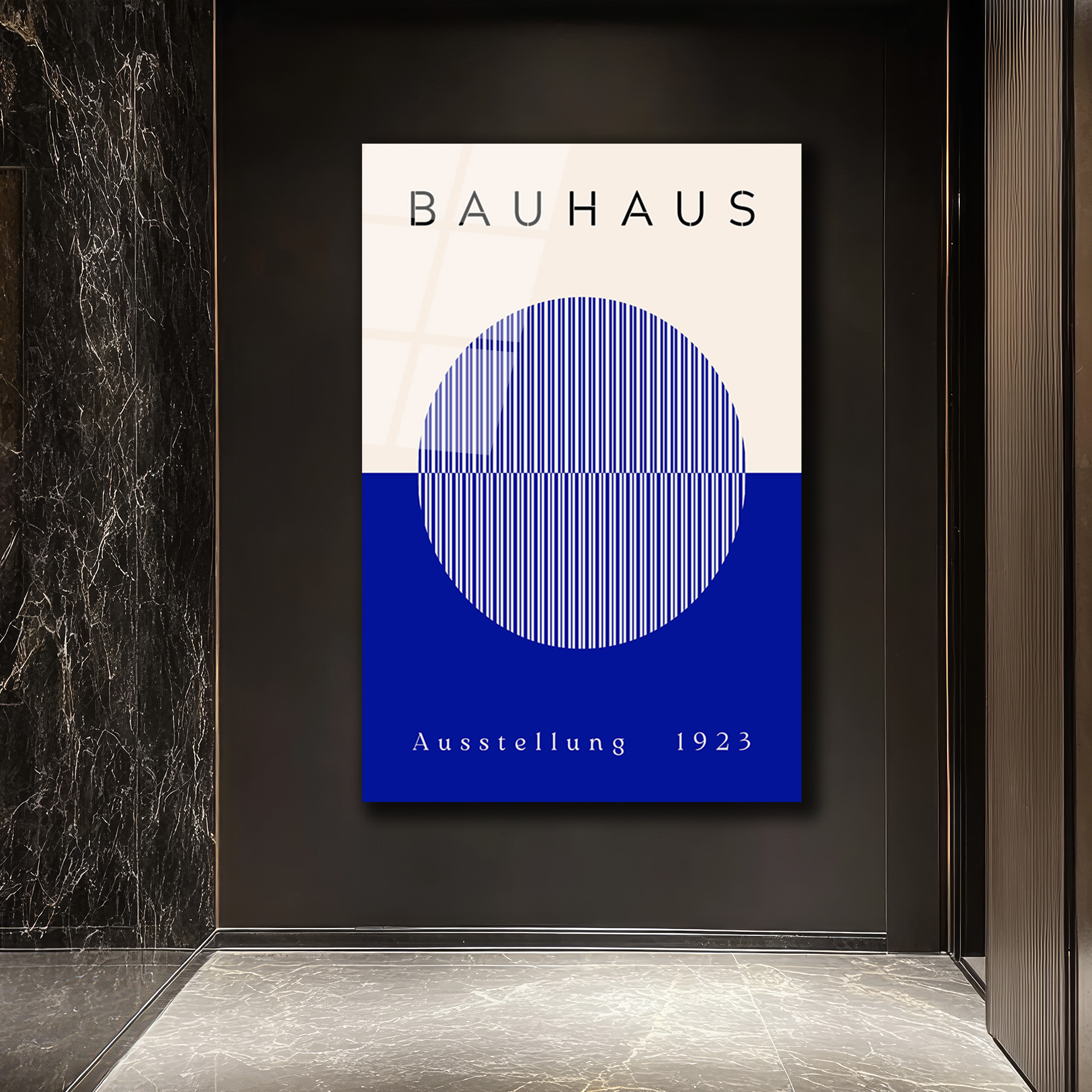 Bauhaus Sanatının Zamansız Yansıması: Modern Mavi Çizgili Cam Tablo - Glazella Bauhaus Sanatının Zamansız Yansıması: Modern Mavi Çizgili Cam Tablo - Glazella