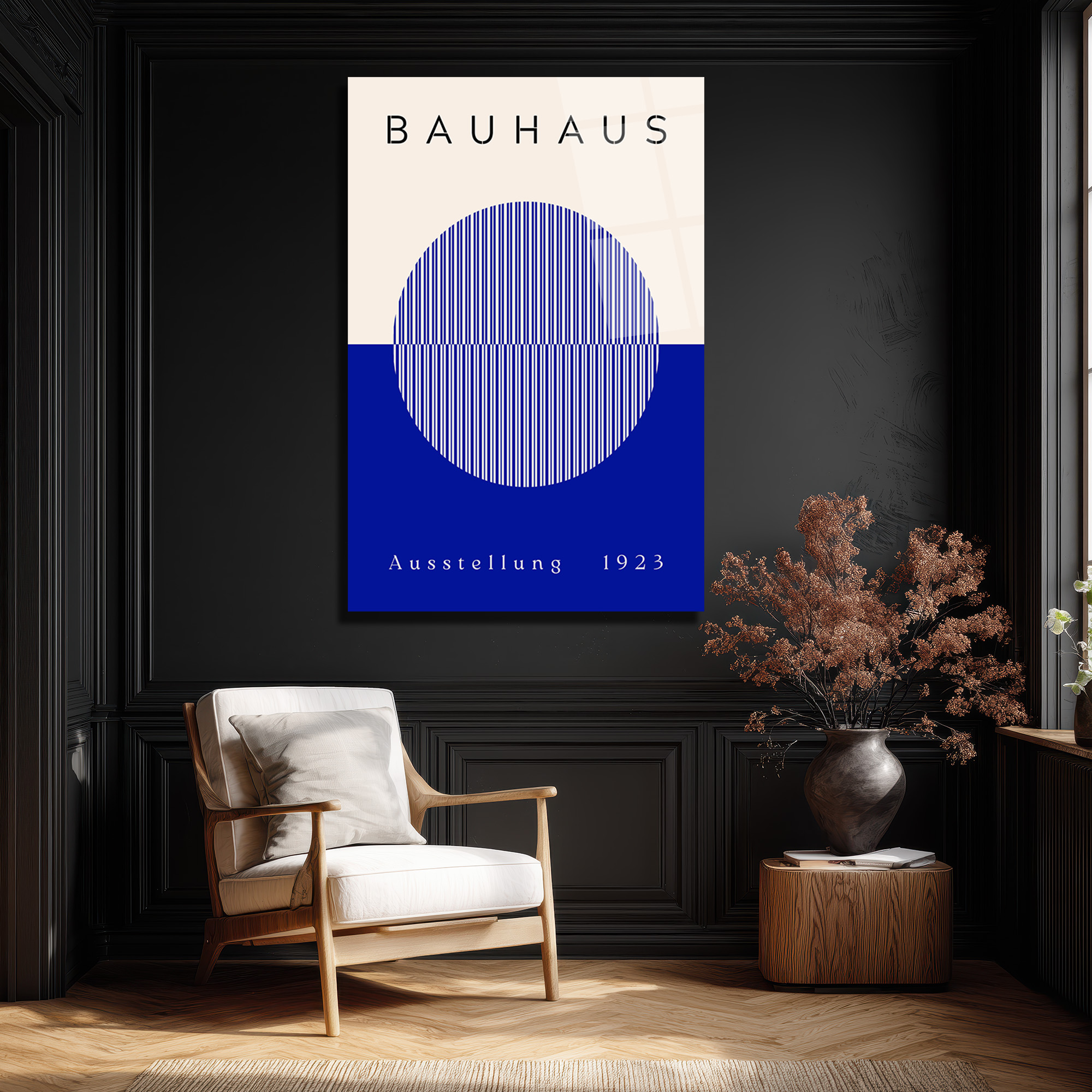 Bauhaus Sanatının Zamansız Yansıması: Modern Mavi Çizgili Cam Tablo - Glazella Bauhaus Sanatının Zamansız Yansıması: Modern Mavi Çizgili Cam Tablo - Glazella