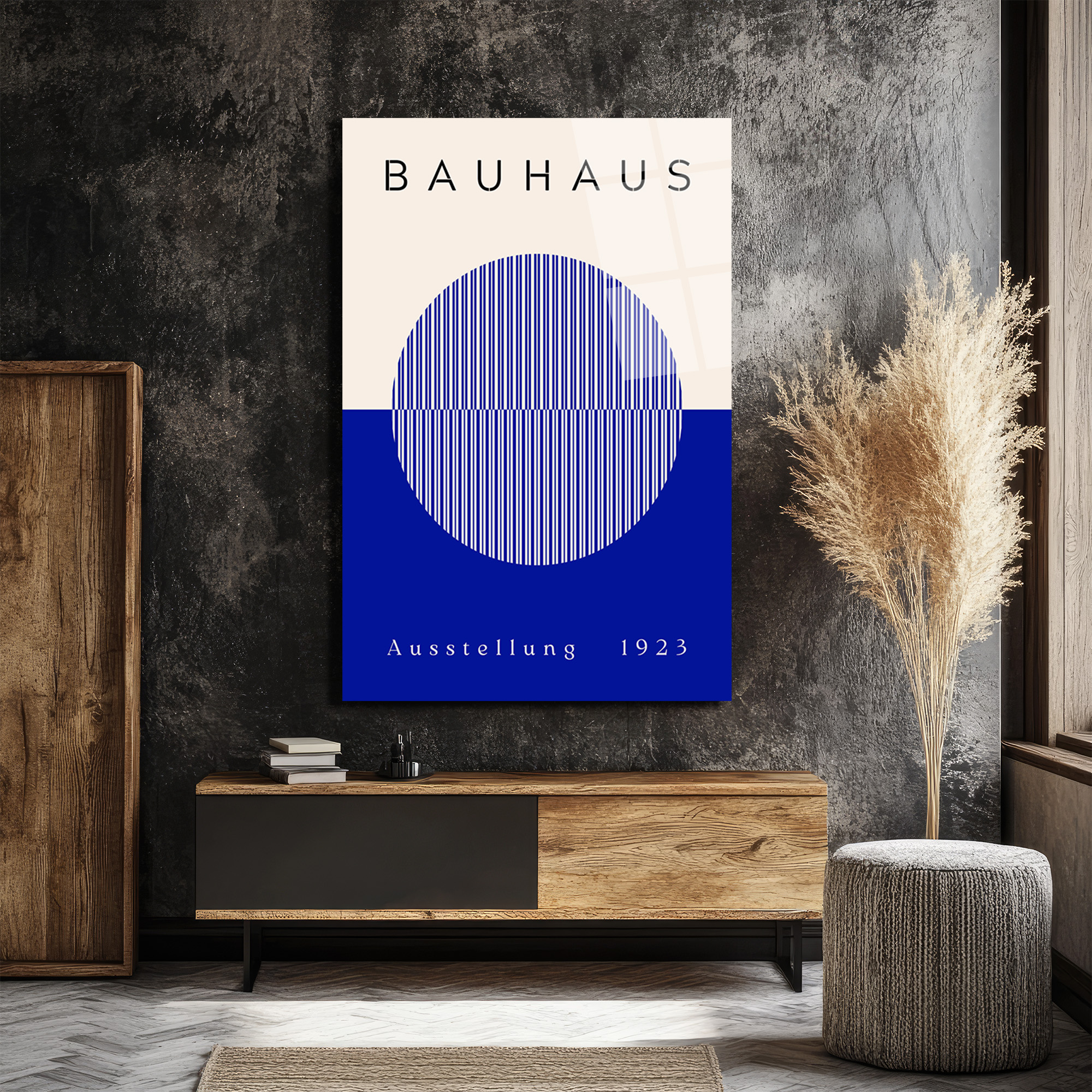 Bauhaus Sanatının Zamansız Yansıması: Modern Mavi Çizgili Cam Tablo - Glazella Bauhaus Sanatının Zamansız Yansıması: Modern Mavi Çizgili Cam Tablo - Glazella