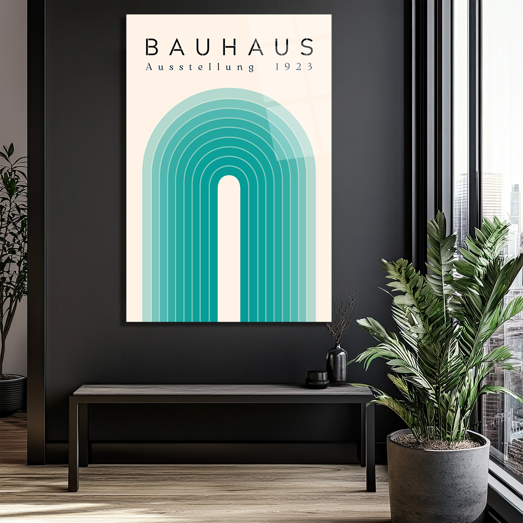 Bauhaus Ausstellung 1923 Minimalist Cam Tablo - Aqua Tonları - Glazella Bauhaus Ausstellung 1923 Minimalist Cam Tablo - Aqua Tonları - Glazella