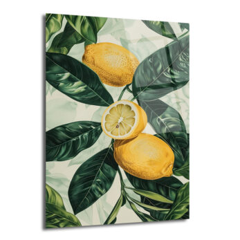Canlı Limonlar ve Yeşil Yapraklar Cam Tablo - Ferahlatıcı Botanik Sanat - Glazella