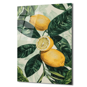 Canlı Limonlar ve Yeşil Yapraklar Cam Tablo - Ferahlatıcı Botanik Sanat - Glazella