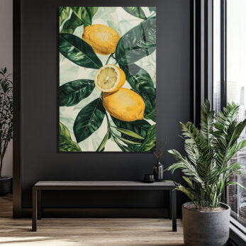 Canlı Limonlar ve Yeşil Yapraklar Cam Tablo - Ferahlatıcı Botanik Sanat - Glazella