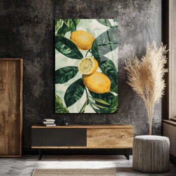 Canlı Limonlar ve Yeşil Yapraklar Cam Tablo - Ferahlatıcı Botanik Sanat - Glazella