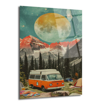Dev Ay Altında Kamp Macerası Vintage Karavan Cam Tablo - Glazella