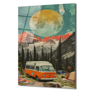 Dev Ay Altında Kamp Macerası Vintage Karavan Cam Tablo - Glazella