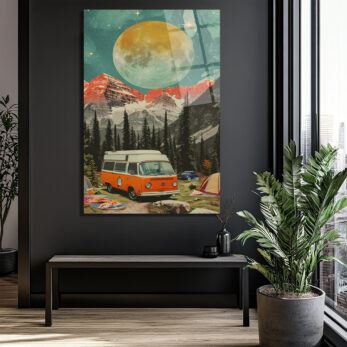 Dev Ay Altında Kamp Macerası Vintage Karavan Cam Tablo - Glazella