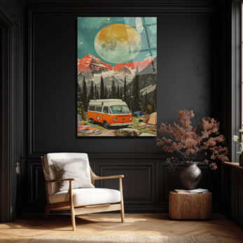 Dev Ay Altında Kamp Macerası Vintage Karavan Cam Tablo - Glazella