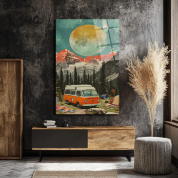 Dev Ay Altında Kamp Macerası Vintage Karavan Cam Tablo - Glazella