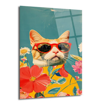 Havalı Kedi ve Çiçekler Cam Tablo | Modern Sanat Duvar Dekoru - Glazella