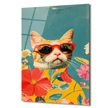 Havalı Kedi ve Çiçekler Cam Tablo | Modern Sanat Duvar Dekoru - Glazella