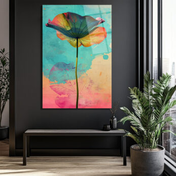 Canlı Renklerle Lotus Yaprağı Cam Tablo | Modern Sanat Duvar Dekoru - Glazella