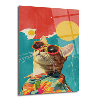 Güneş Gözlüklü Havalı Kedi: Retro Pop Art Cam Tablo - Glazella